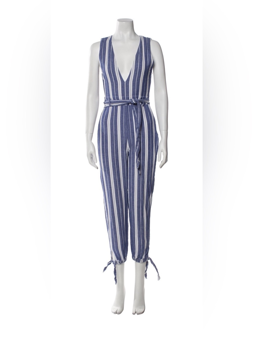 Tularosa Blue White Striped Cutout Jumpsuit S Tie Waist Cropped Resort